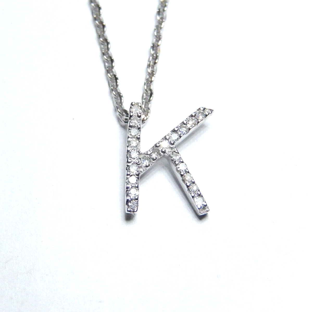14K White Gold 22 Natural .25CT Diamond Letter K Initial Pendant w/18"chain