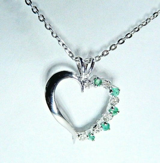 *NWT*  10k White Gold Natural Emerald And Diamond Heart Pendant with 18" Chain