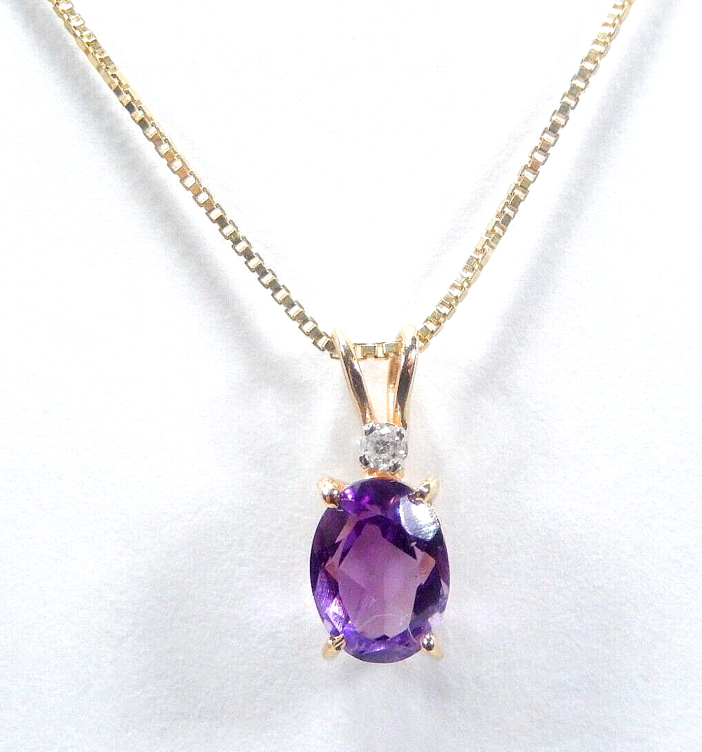 14k Yellow Gold Oval 1.00 CT Amethyst Solitaire & Diamond Accent w/18"chain