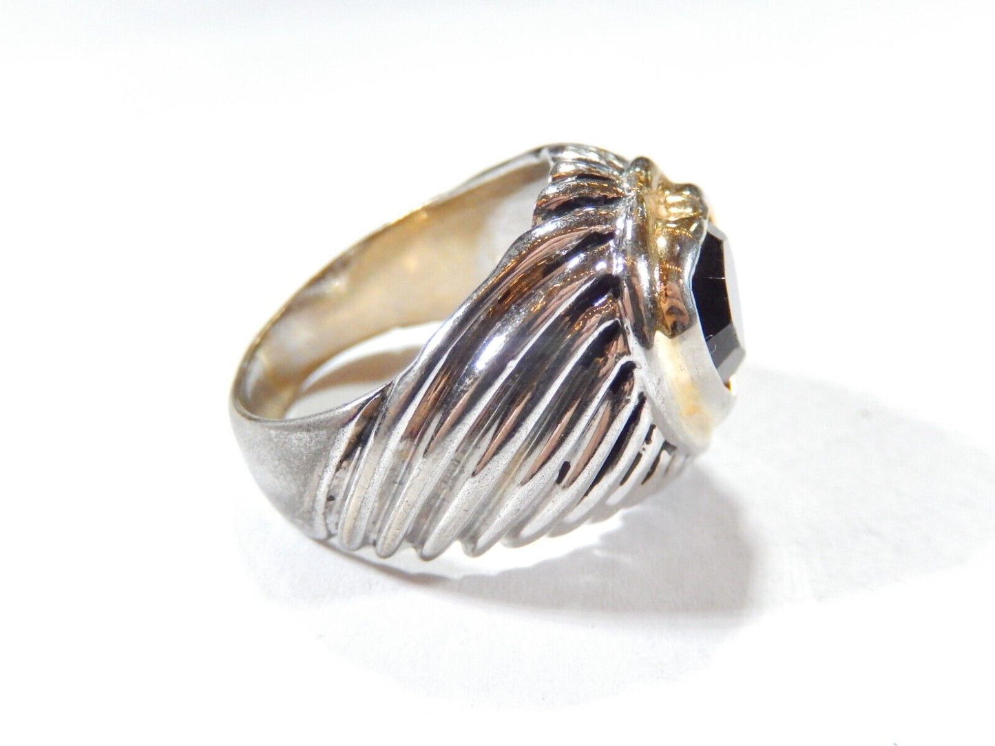 *VINTAGE*  Designer Style  Heart Shape Silver & Gold Tone Black Stone Ring Sz 8