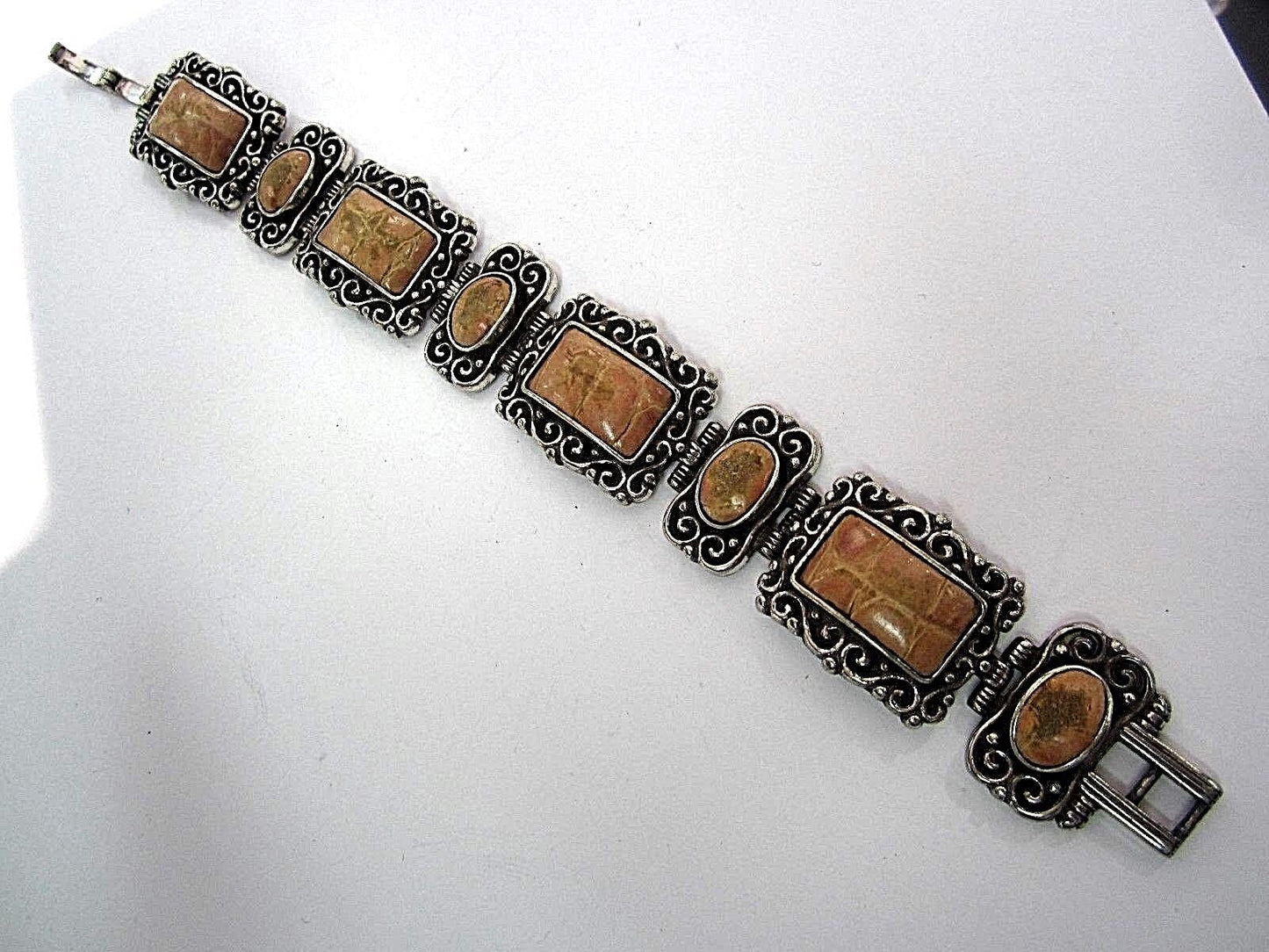 RETIRED Brighton Wide Victorian Style Gemstone & Silver Link Bracelet 7/8" Wide