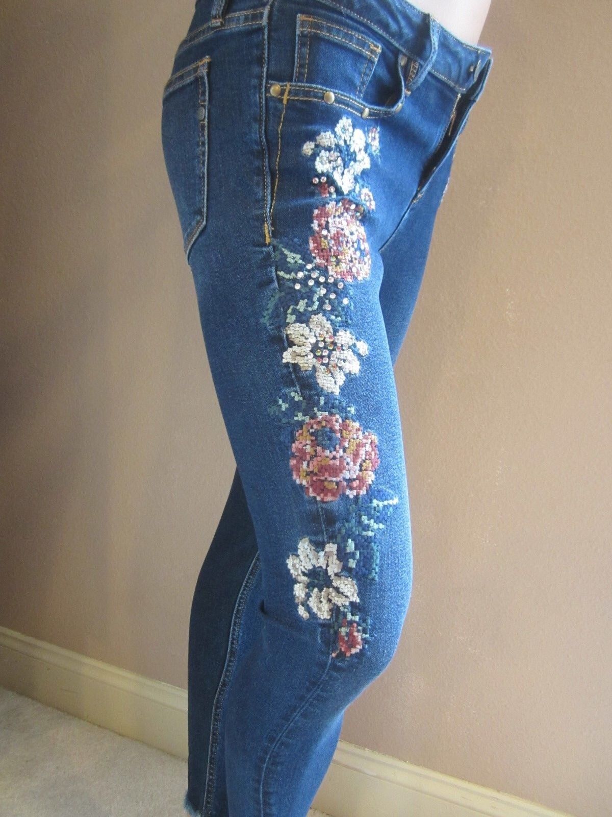 NWT MISS ME Embellished Ankle Skinny Cut Stretch Dark Blue Jeans 25 x 27