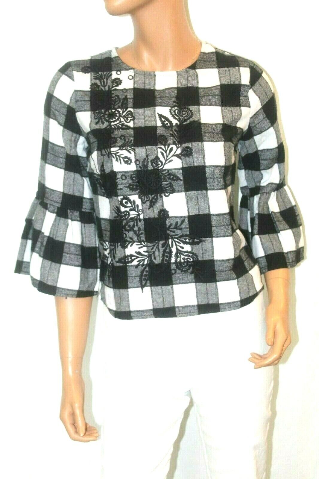 *MINT* Rebellion Again Flannel Bell 3/4 Sleeve Floral Embroidery Plaid Blouse S