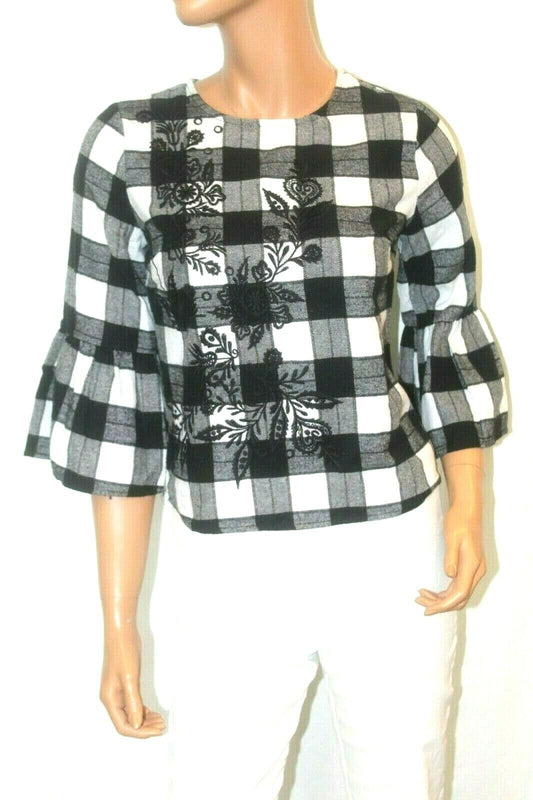 *MINT* Rebellion Again Flannel Bell 3/4 Sleeve Floral Embroidery Plaid Blouse S