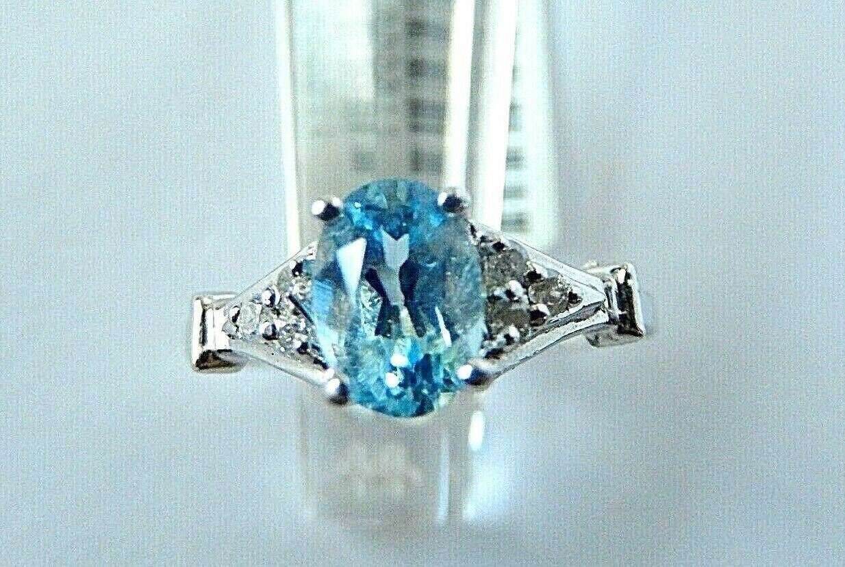 14k White Gold Natural 3/4CT Blue Topaz & Diamond Ring SZ 7.25