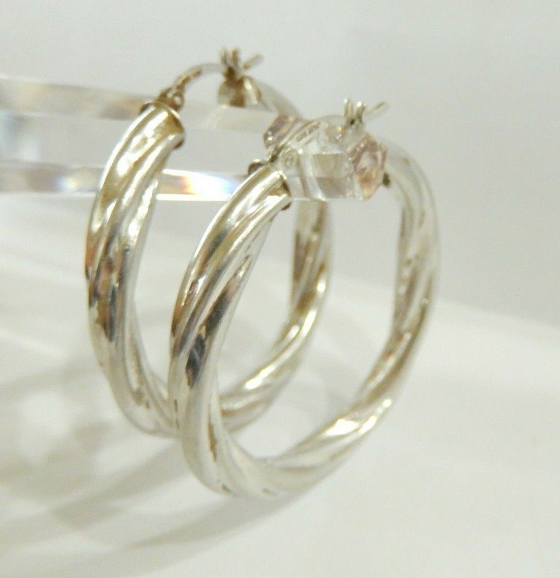 *VINTAGE*  LARGE 925 Sterling Silver Twisted Style Puffed Hoop Earrings  1.5"