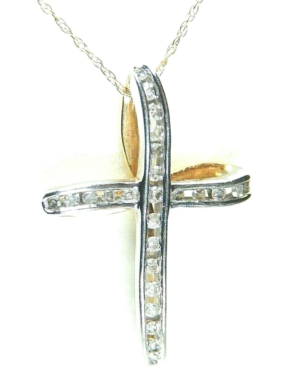 *VINTAGE* 14K Yellow Gold .25 CT Diamond Cross Pendant Necklace w/ 14k 18" Chain