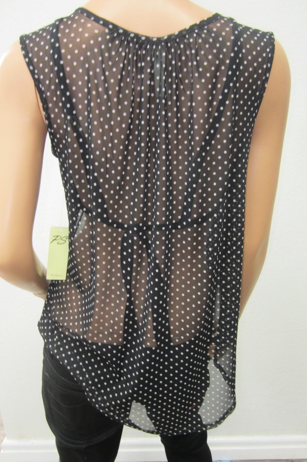 *NWT*  PerSeption Concept Black/White Poka Dot Chiffon  Top Blouse Size Med