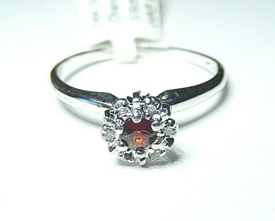 *NWT* 14k White Gold  Red Ruby And White Round Diamond Halo Ring Size 6.25