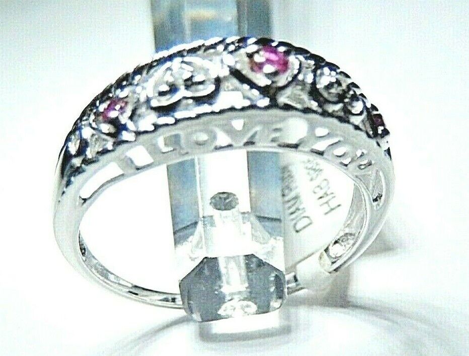 *NWT* 10K White Gold Diamond & Ruby Hearts " I LOVE YOU" Band Ring Size 8.25