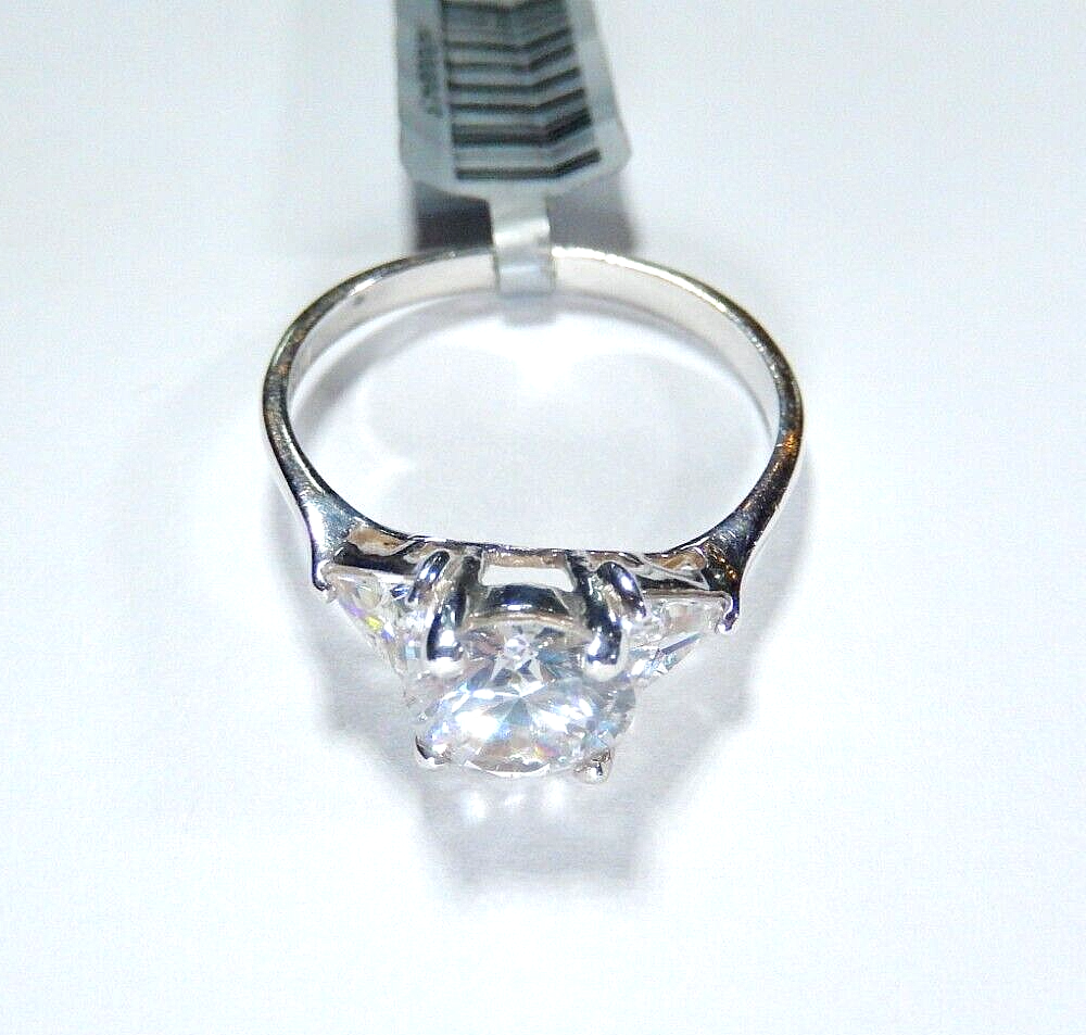 Sterling Silver Three Stone 3.00 CT CZ Trillion/Round Cut Engagement Ring Sz 9.5