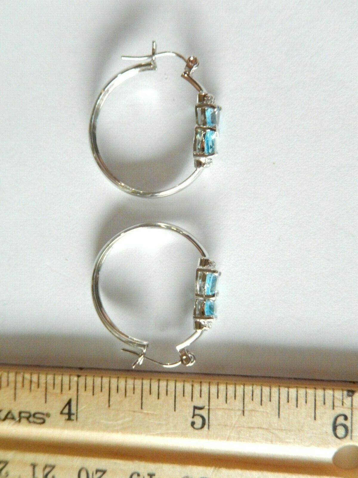 *NEW* 10K White Gold  LARGE 2.00CT BLUE TOPAZ AND DIAMONDS 25mm HOOP EARRINGS