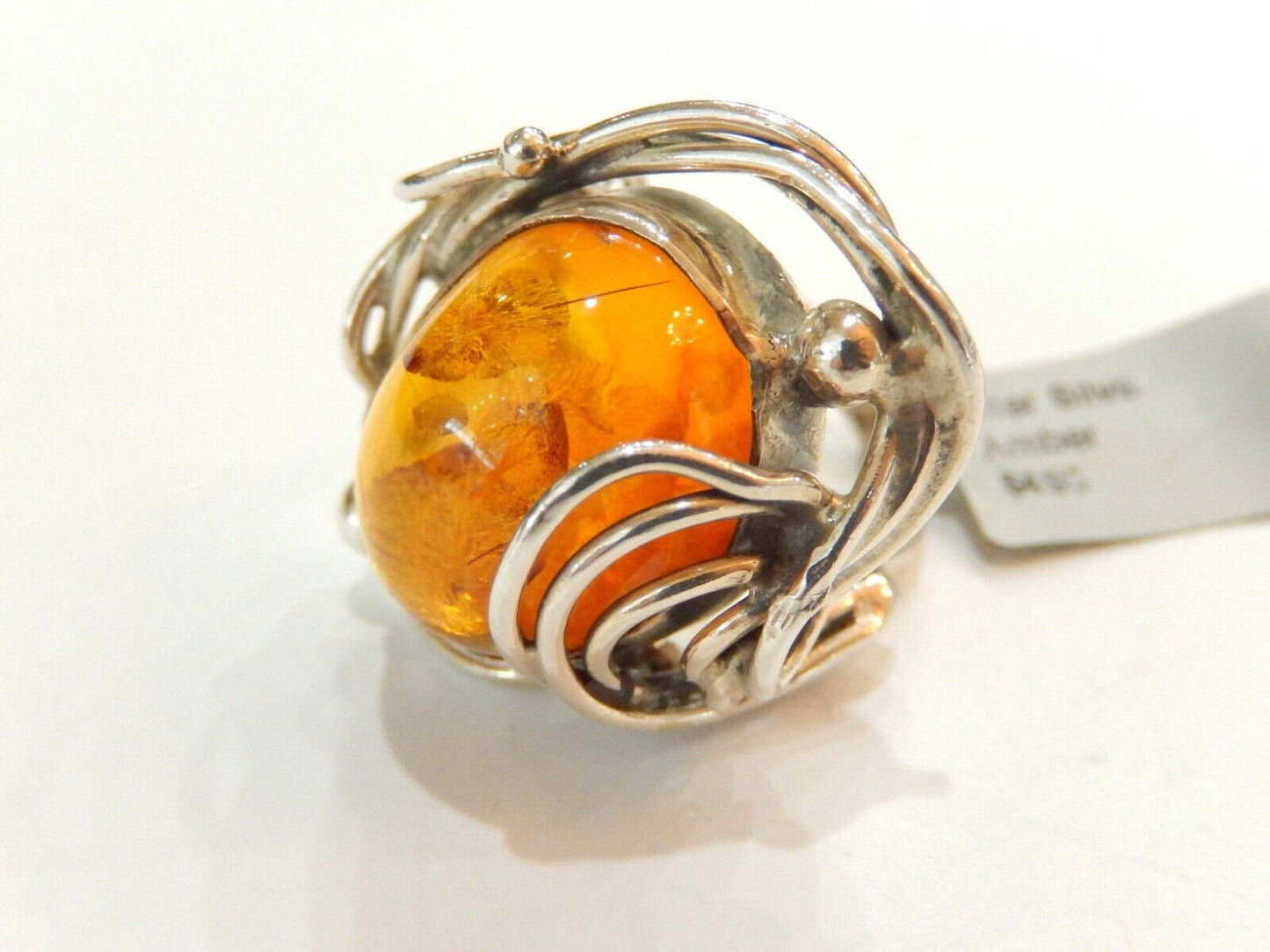 *VINTAGE* Handmade  LARGE Custom Sterling Silver Baltic Amber Oval Ring Size 7.5