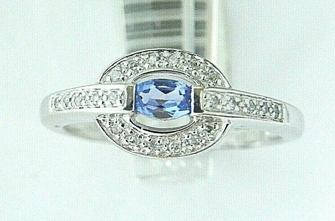 14K White Gold Natural Tanzanite & Diamond Contemporary Modern Ring Sz 10