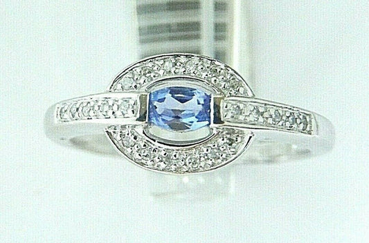 14K White Gold Natural Tanzanite & Diamond Contemporary Modern Ring Sz 10