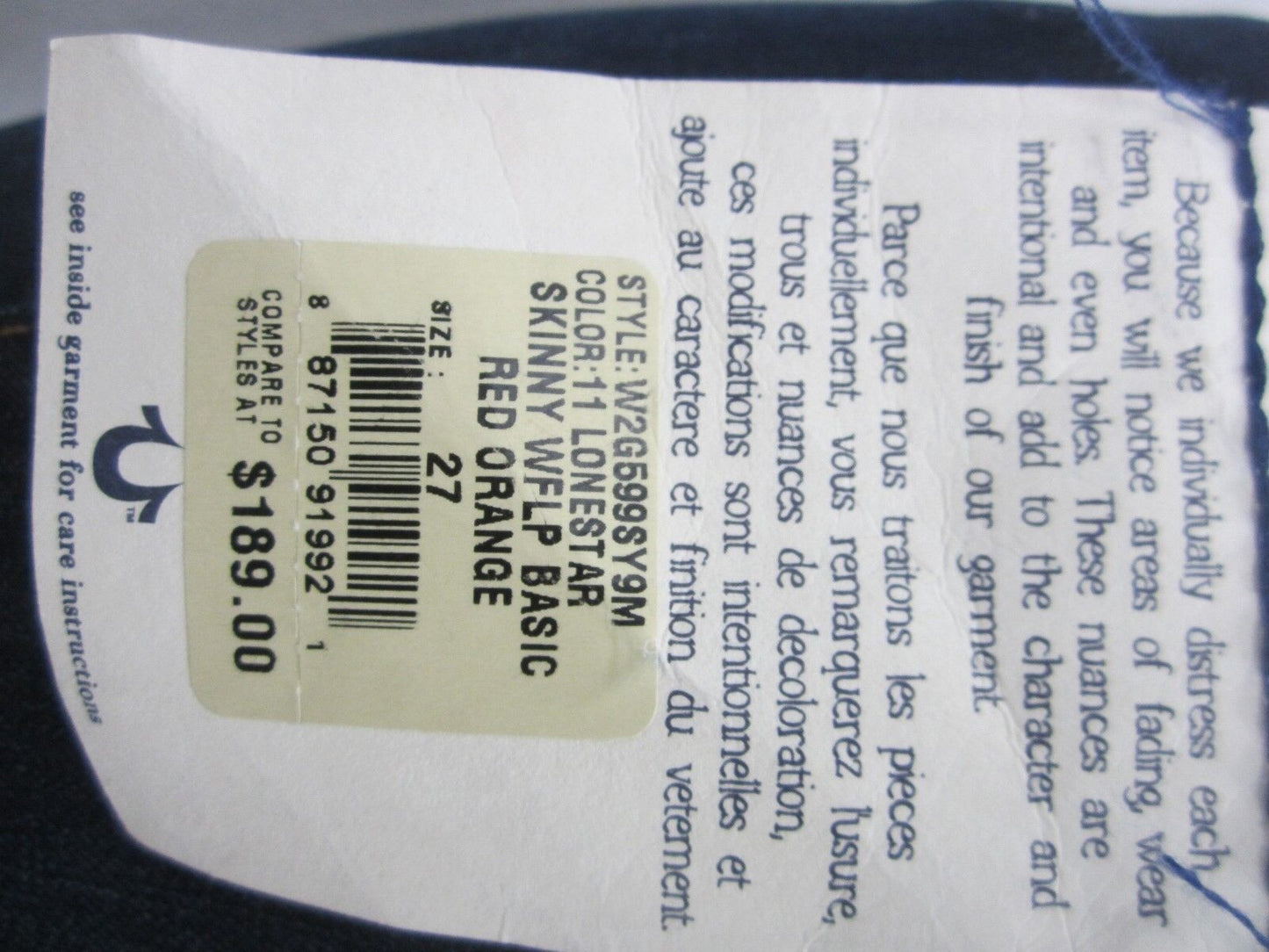 NWT AUTHENTIC True Religion Skinny Size 27X31 Dark Ladies Jeans WLFP
