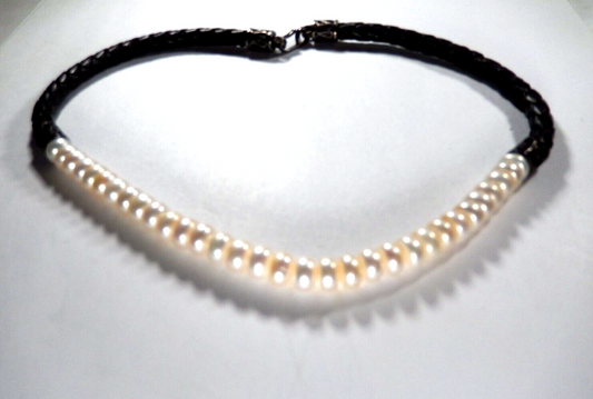 16" Real 7.75mm  Pearls STERLING SILVER BLACK Braided Leather Cord NECKLACE