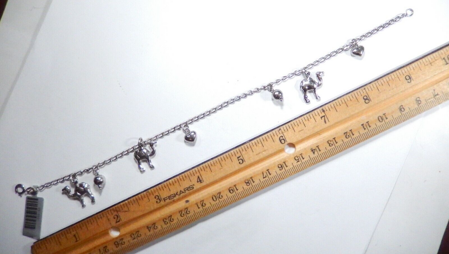 Sterling Silver Chain Anklet with Dangling Heart & Camel & Bead Charms 9" Long