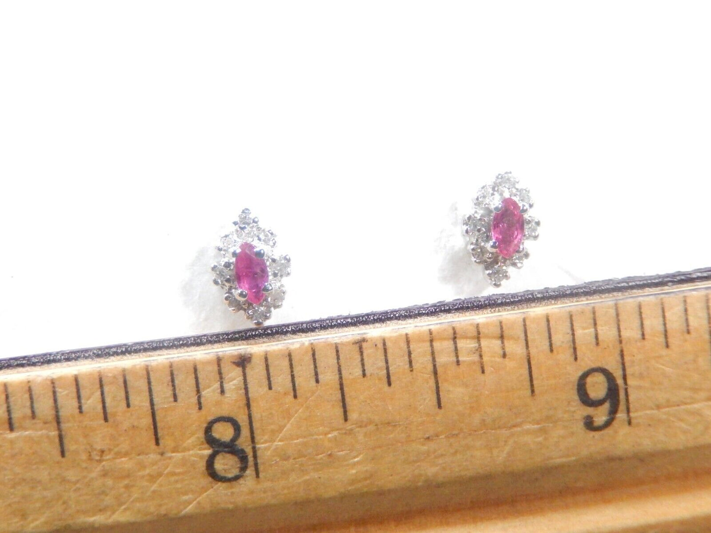 14k Solid White Gold Natural Ruby 16 Diamond Halo  Ear Studs