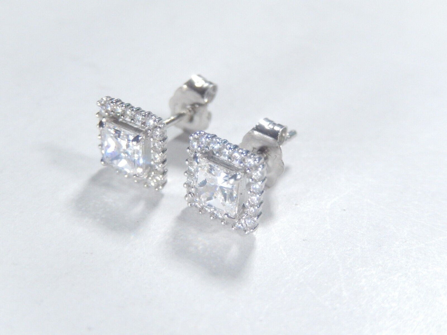 *VINTAGE*  14K White Gold Princess Cut CZ Halo Ear Studs