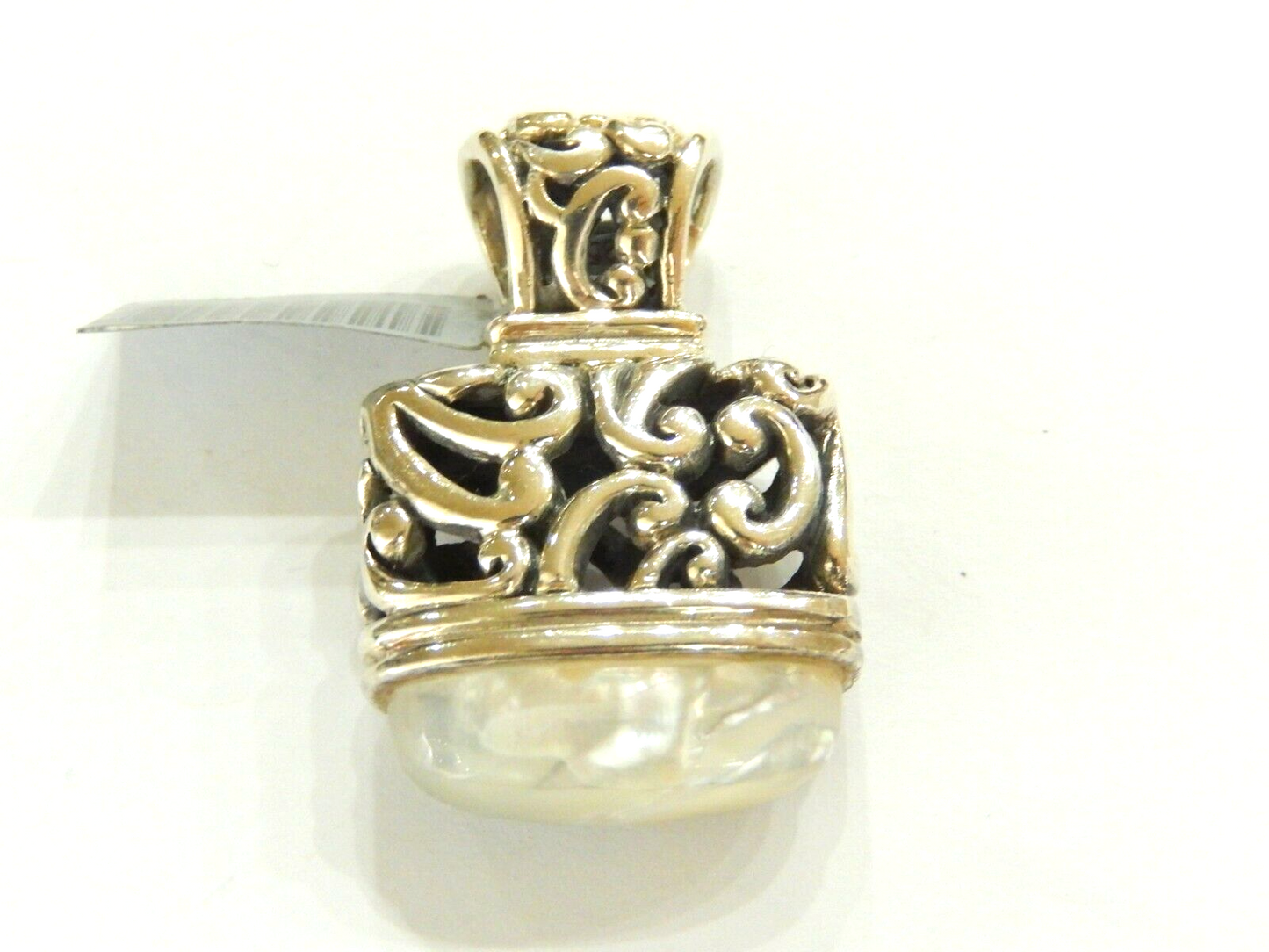 *VINTAGE* Sterling Silver Filigree Swirl Rectangle Mother of Pearl Pendant  23gm