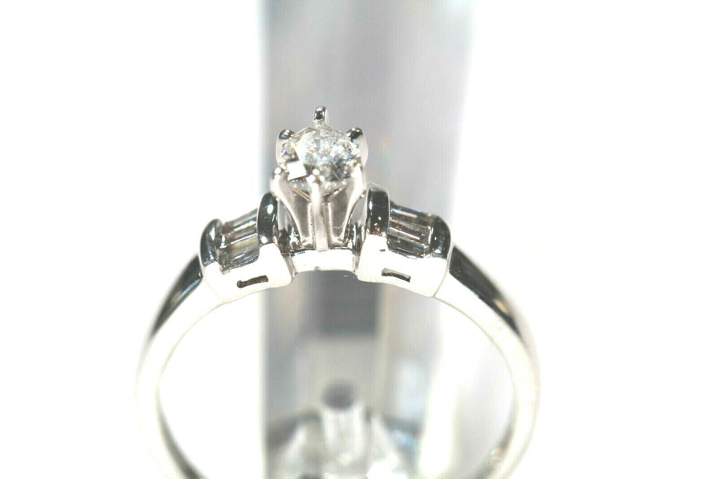 *NWT*  14K White Gold 1.00CT Pear & Baguette Natural Diamond Wedding Ring Sz 7.5