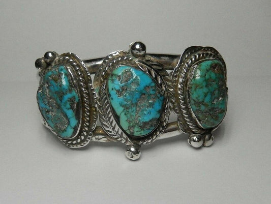 VINTAGE HEAVY LARGE SOUTHWEST STERLING SILVER TURQUOISE CUFF BANGLE BRACELET