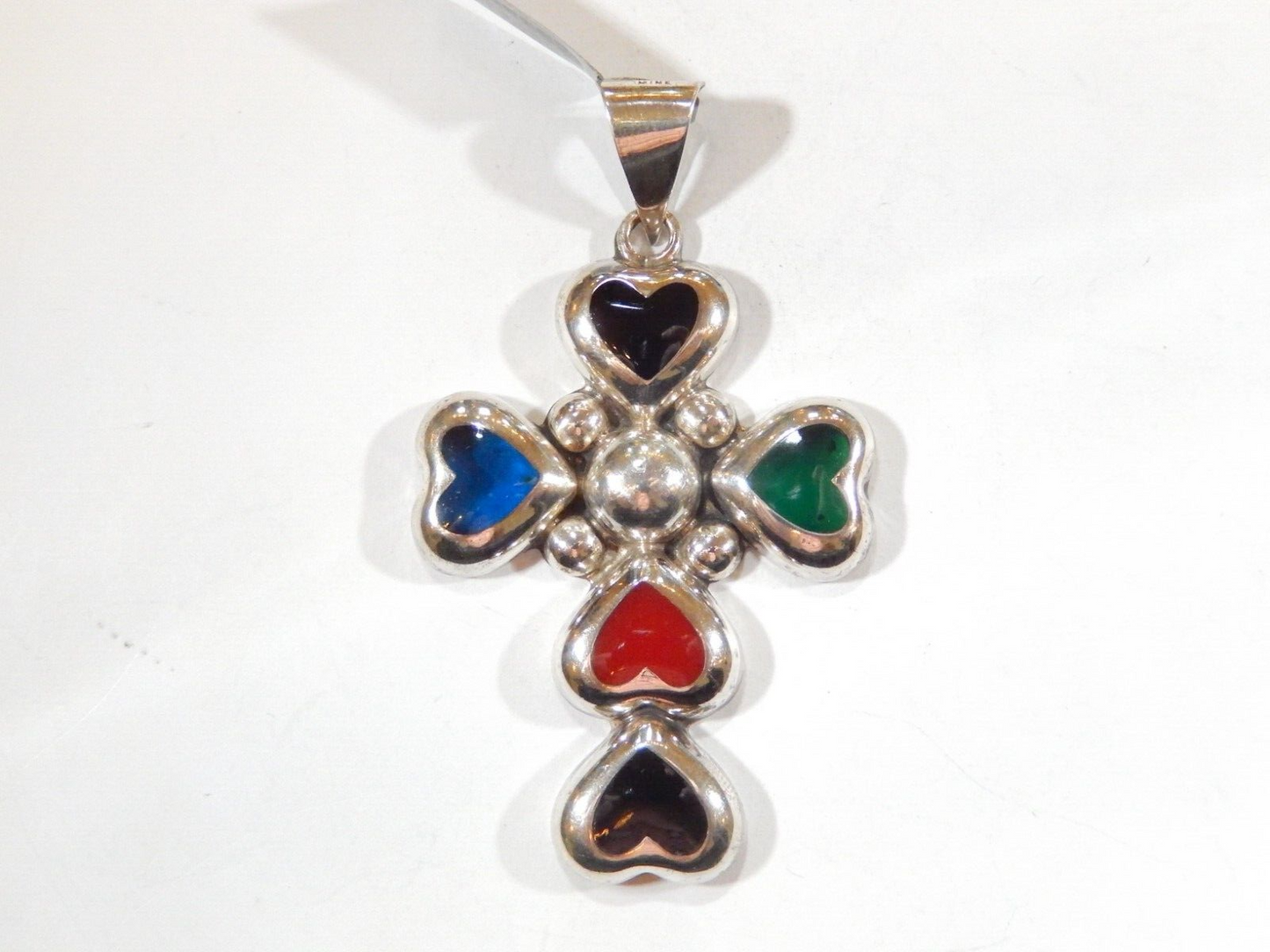 *VINTAGE*  LARGE "Silver Mine" Sterling Silver Enamel Heart Cross Pendant 3.25"