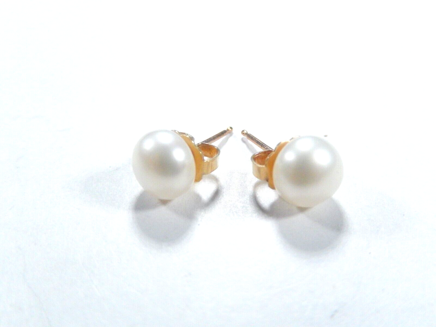 14k  Solid Yellow Gold 6.5 mm Button Pearl White Stud Earrings