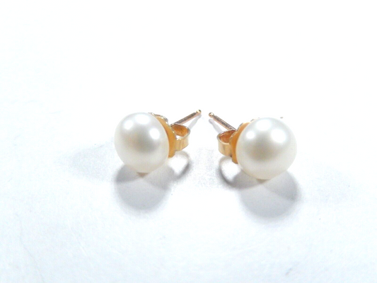 14k  Solid Yellow Gold 6.5 mm Button Pearl White Stud Earrings