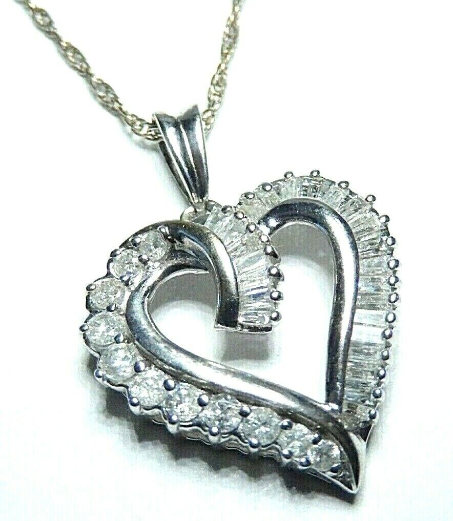 *VINTAGE*10K White Gold 1.00CT Baguette & Round Diamond Heart Pendant w/18"Chain