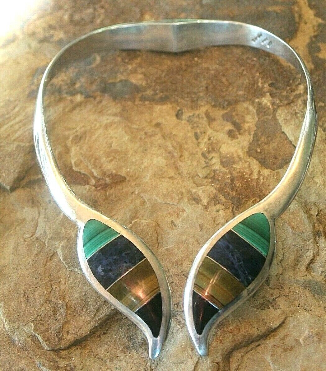 *VINTAGE* Taxco Mexico Sterling Silver & Multi Gem Hinged Choker Collar Necklace