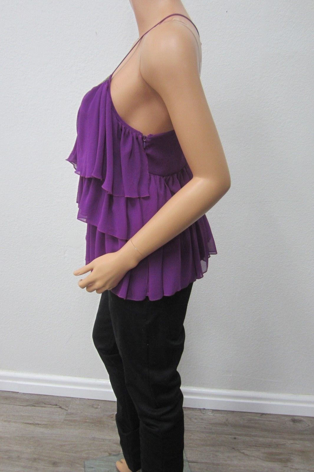NEW  Express Fuchsia Sheer Chiffon Ruched Draped Ruffle Flutter Sleeveless Top S