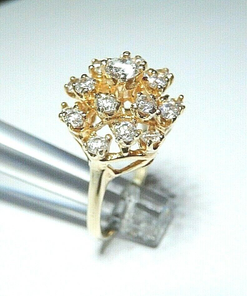 14k Yellow Gold White 1.5CT CZ Cluster Design Gorgeous Ladies Ring Size 7.5