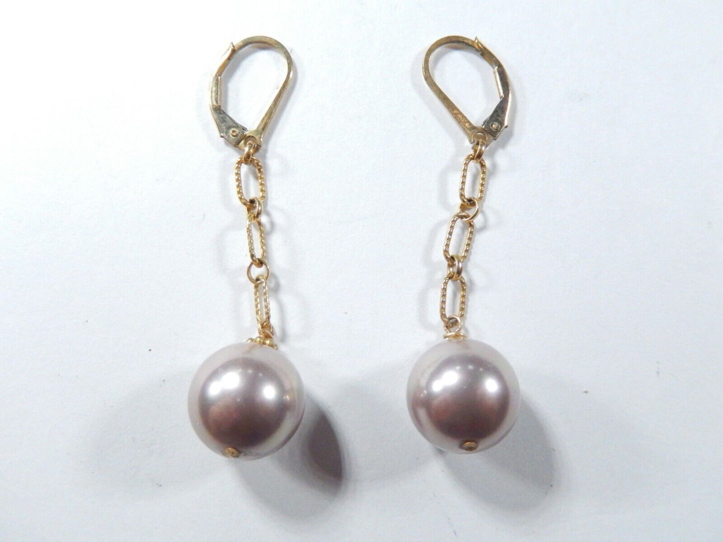 14/20th Kt Gold Filled  Faux 12mm Pearl Earrings Lever Back Dangles