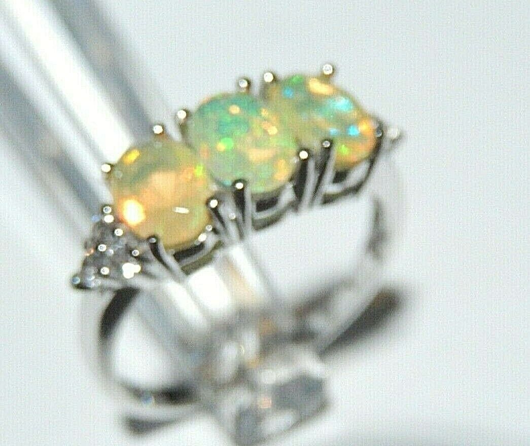 Oval Three Stone Lab Created White Opal Ring .925 Sterling Silver Ring Sz 10.25