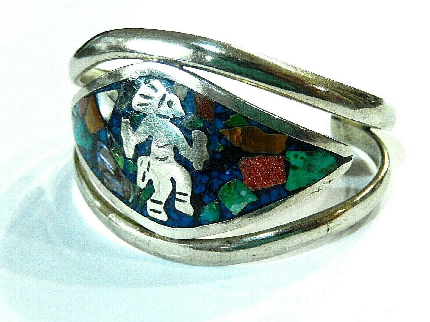 Vintage Mexico 925 Sterling Real Gem Inlay Tribal Dancing Wide Bangle Bracelet