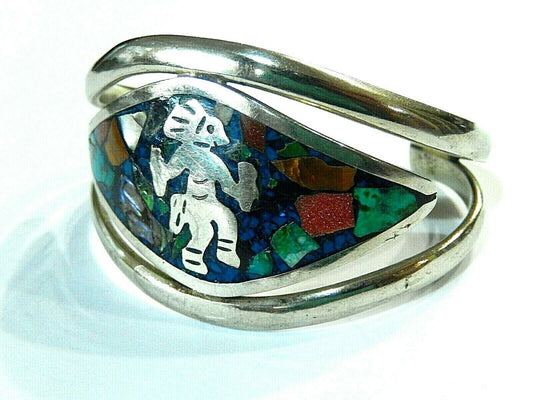 Vintage Mexico 925 Sterling Real Gem Inlay Tribal Dancing Wide Bangle Bracelet