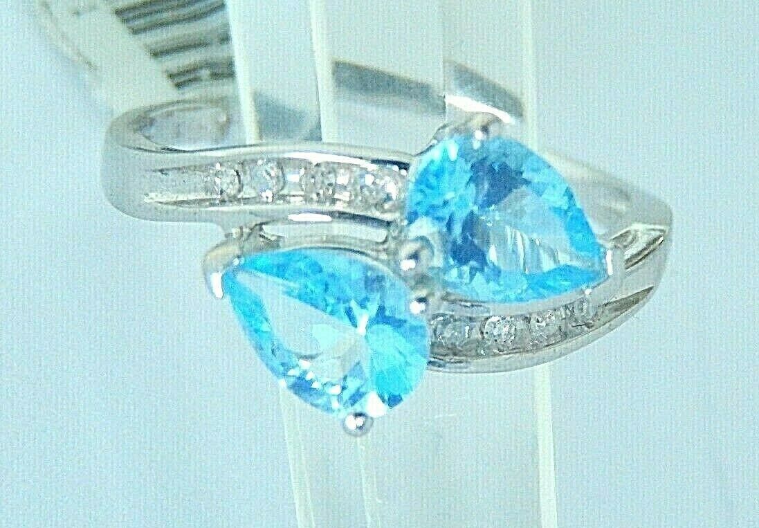 10K White Gold "FOREVER US" Two Stone Blue Topaz and  Diamond Ring Size 8.5