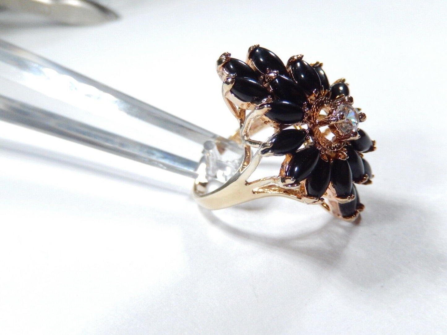 *VINTAGE*   STATEMENT RING - Gold Vermeil Sterling Marquise Onyx & Cz Size 7.5