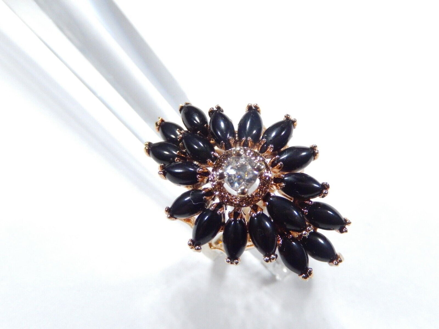 *VINTAGE*   STATEMENT RING - Gold Vermeil Sterling Marquise Onyx & Cz Size 7.5