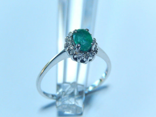 Vintage  1/2Carat Natural Emerald and Diamond Halo Ring 14k White Gold Size 8.25