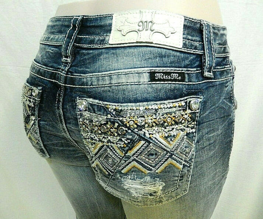 *NWT* Miss Me M3103FA Cuffed Ankle Skinny Jeans Embroidery Lt Blue Size 27 x 27"