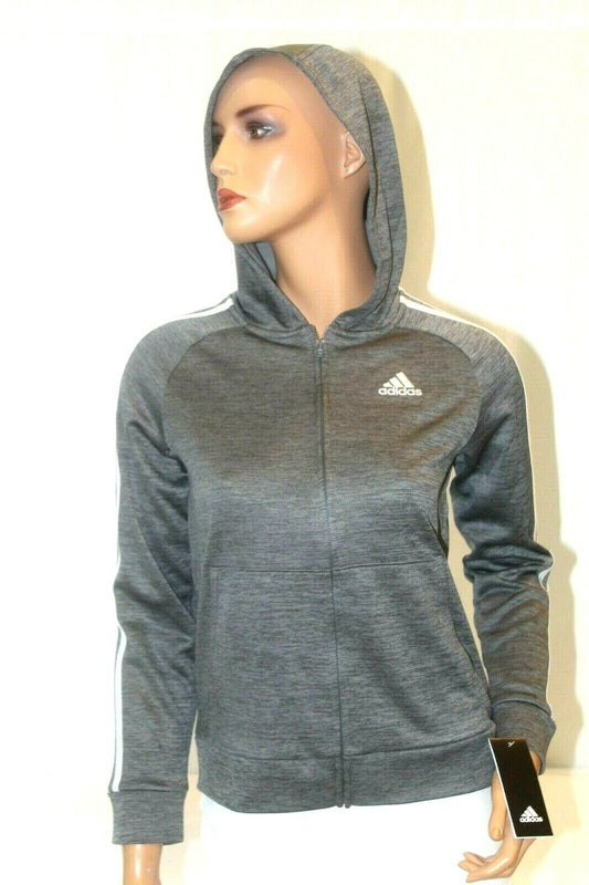 *NWT* $50. Adidas Womens Hoodie Gray Fleece-Lined Sleeve-Stripe Full-Zip Sz S-8