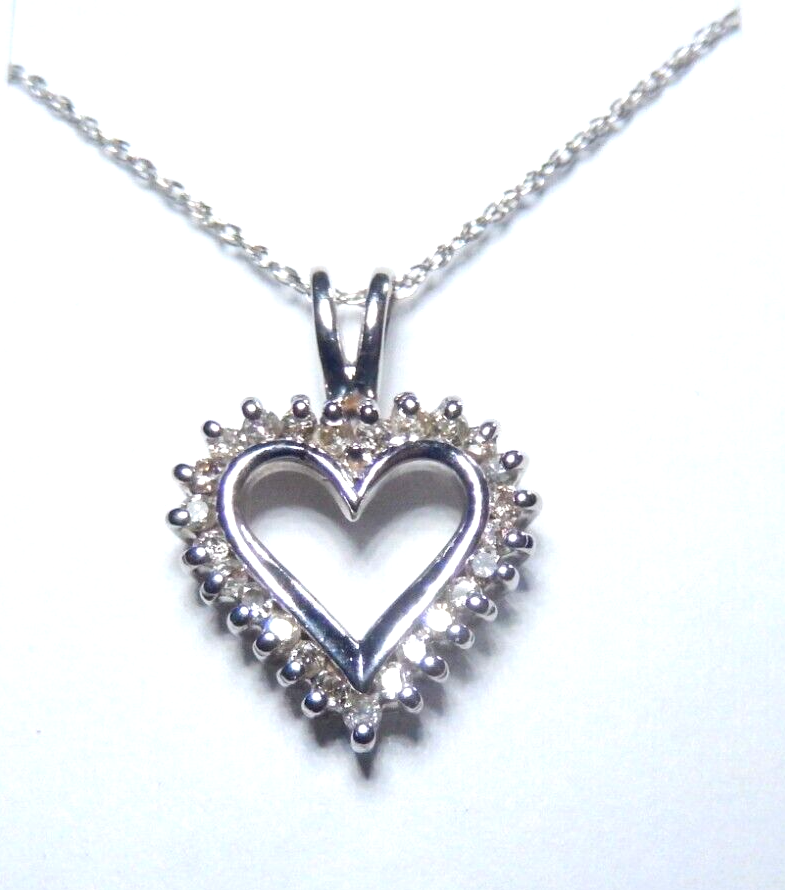 *VINTAGE*  14K White Gold .25 CT Diamond  Open Heart  Pendant w/ 14K WG 18" Chn