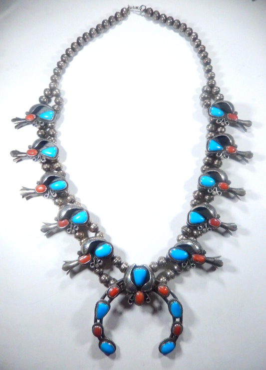 *VINTAGE*  Native American Turquoise & Coral 24" Squash Blossom Necklace 124 gms