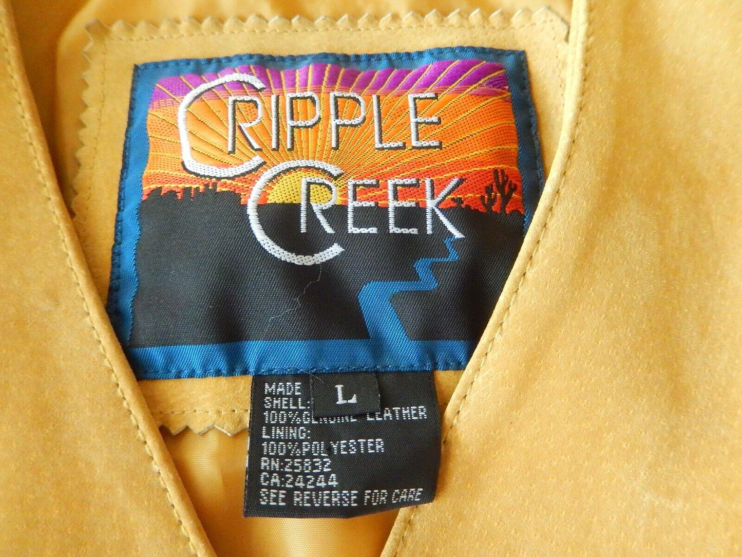 *VINTAGE* NICE Cripple Creek Tan Suede Fringe Button Front Western Jacket Sz L