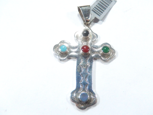 *VINTAGE*  LARGE Mexico Sterling Silver Multi Gem Cross Pendant