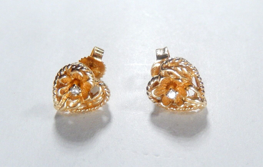 *VINTAGE*  14K Yellow Gold  Diamond  Heart & Flower Stud Earrings