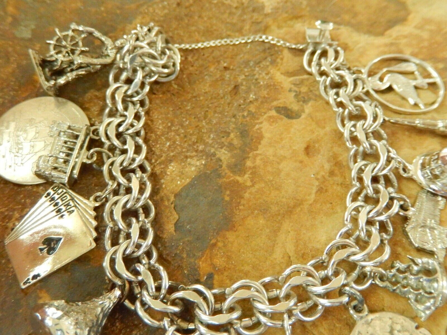 *VINTAGE *  JB Sterling Silver Heavy Dbl Link Charm Bracelet & 14 Mixed Charms